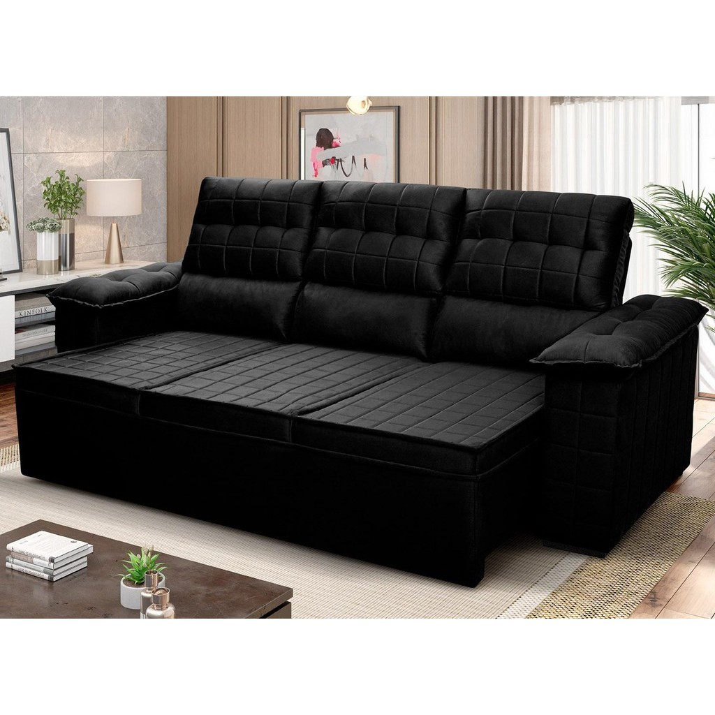 Sofá Retrátil Reclinável 4 lugares 2,30m Quantum Suede Velut Preto - King House em Oferta na Shopee