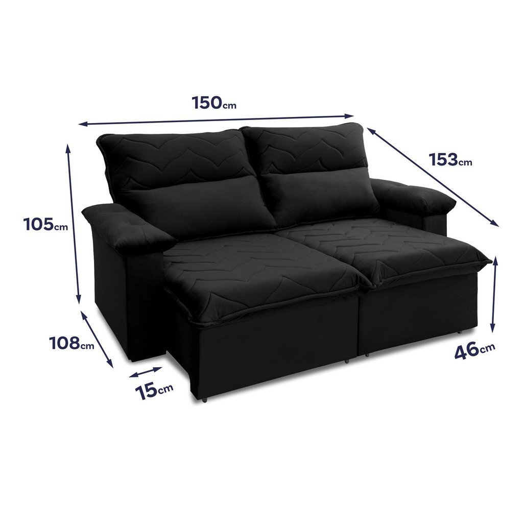 Sofá Retrátil Reclinável Paris 1,50m Suede Velut Preto Molas Ensacadas - King House