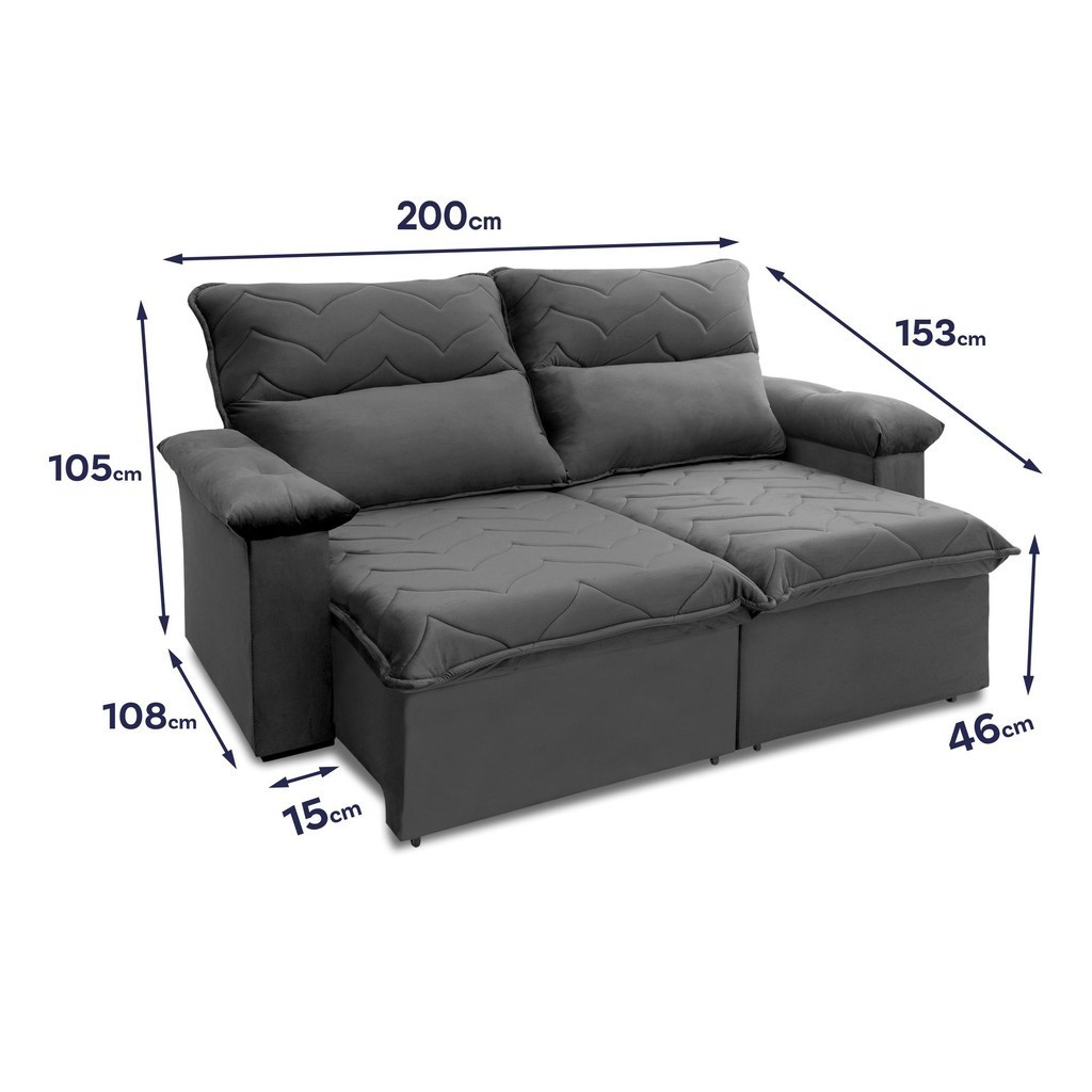 Sofá Retrátil Reclinável Paris 2,00m Suede Velut Cinza Molas Ensacadas - King House