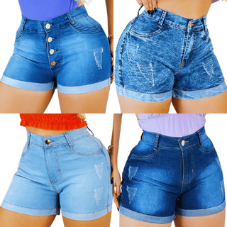 Kit 4 Short Feminino Jeans Lycra Barra Dobrada Cintura Alta Moda Blogueira Empina Bumbum