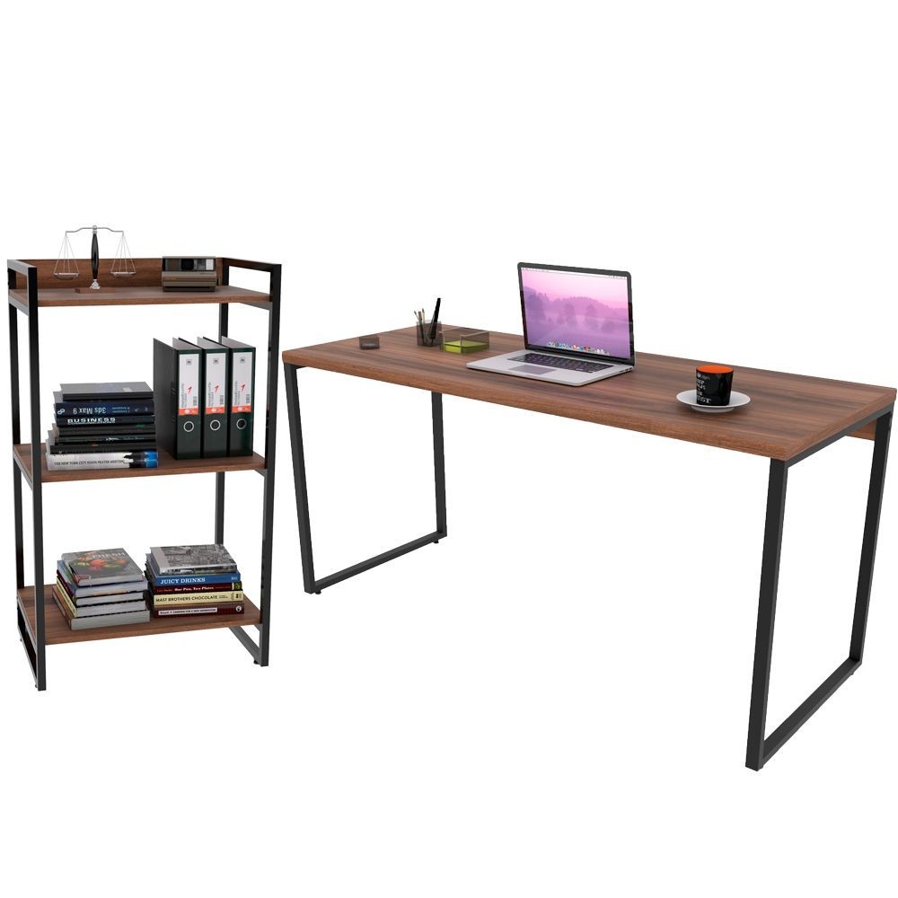 Kit Mesa Para Escritório com Estante Office Estilo Industrial Form C01 150 cm Nogal - Lyam Decor - Home & Living