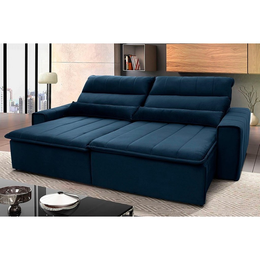 Sofá Retrátil Reclinável Patagônia 3,00m Suede Velut Azul Marinho  Molas no Assento - King House