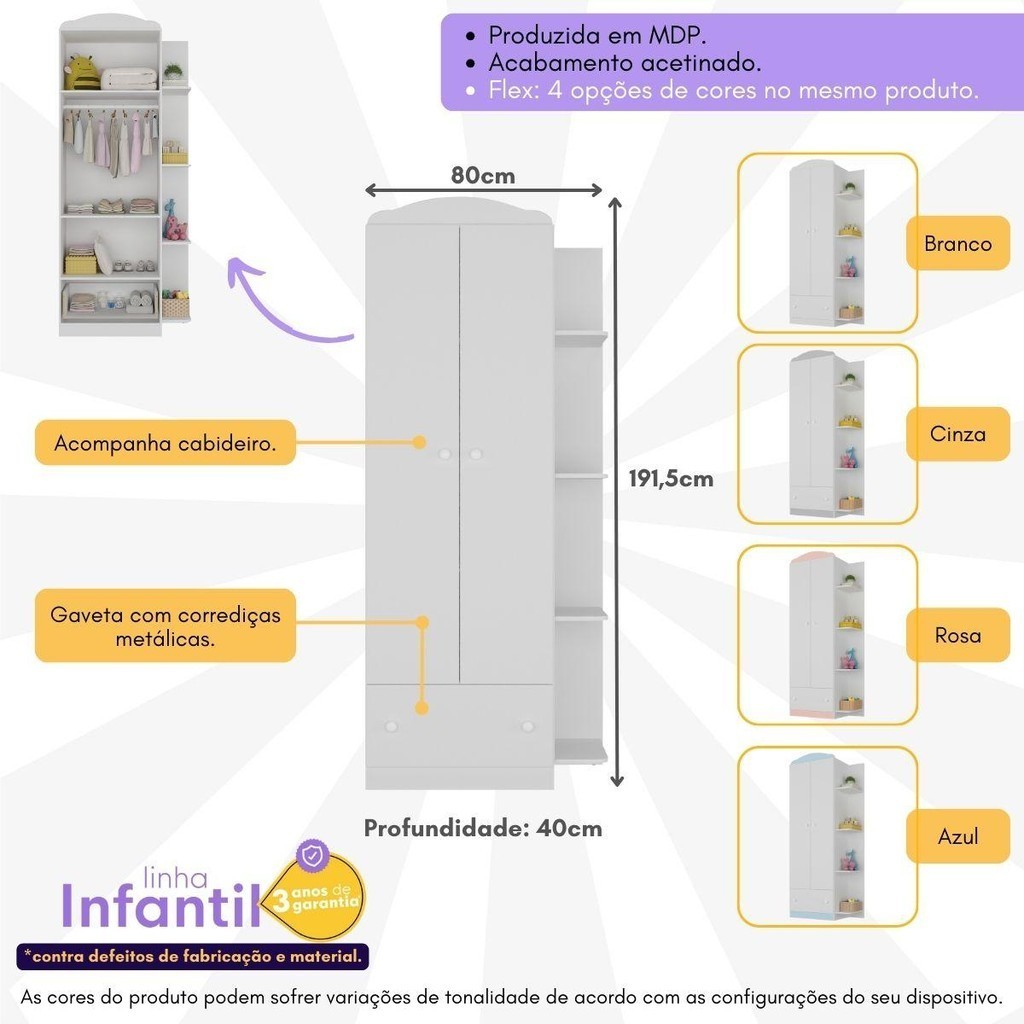Detalhes do Guarda-Roupas Infantil Flex 2 Portas 1 Gaveta Jujuba Multimóveis BB2660