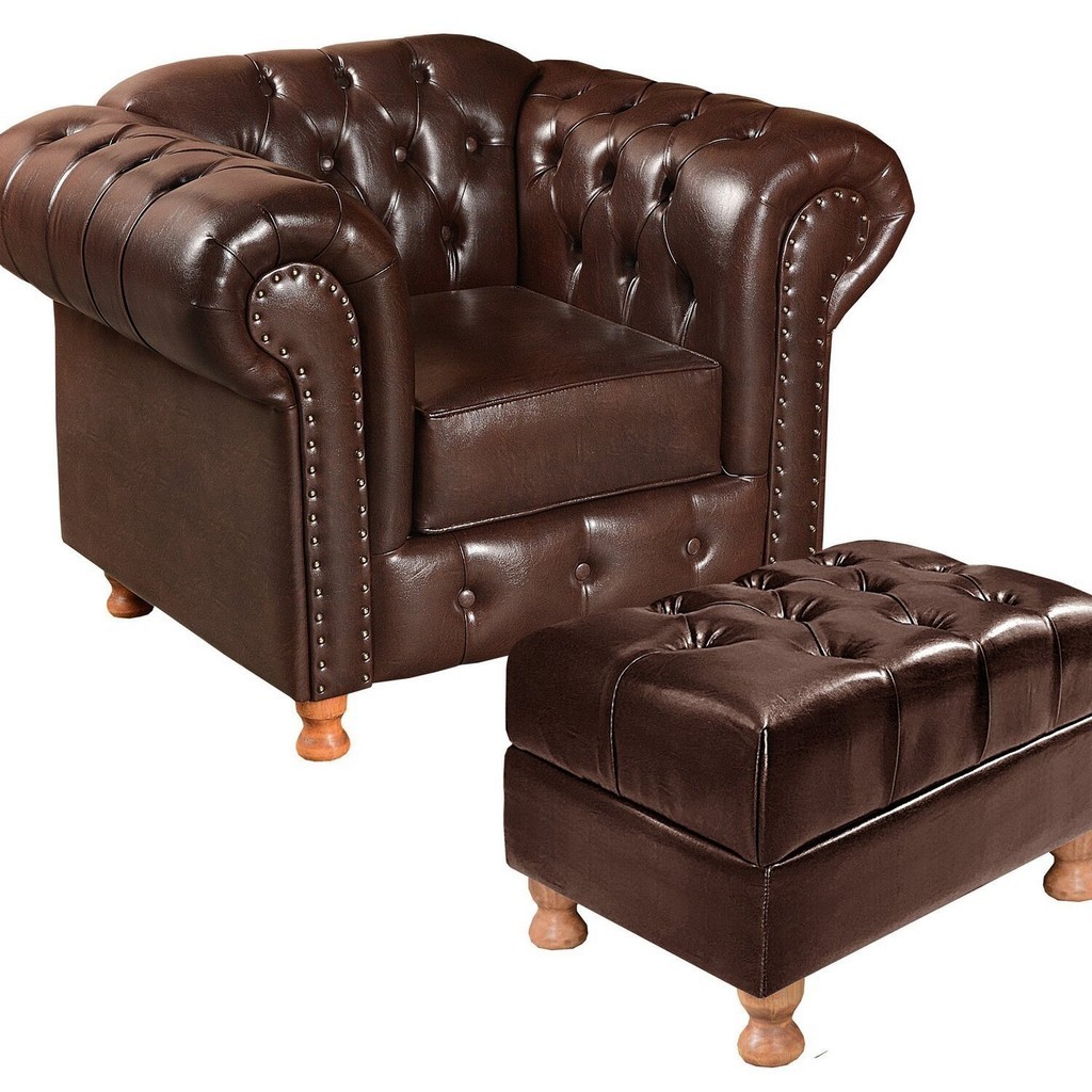 Poltrona Chesterfield com Puff Capitonê Luís Xv Marrom Café Café