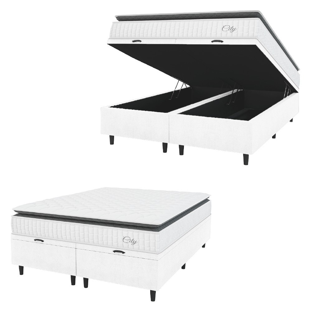 Cama Box Baú Colchão Casal King Molas Ensacadas City Pillow Top 193x203x64cm Linho Branco / Cinza - Home & Living