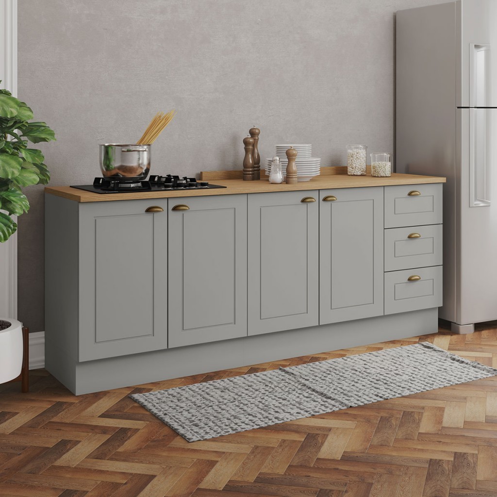 Cozinha Compacta Americana 4 Portas 3 Gavetas 100% Mdf Cinza/Nature Ce760 - Henn em Oferta na Shopee