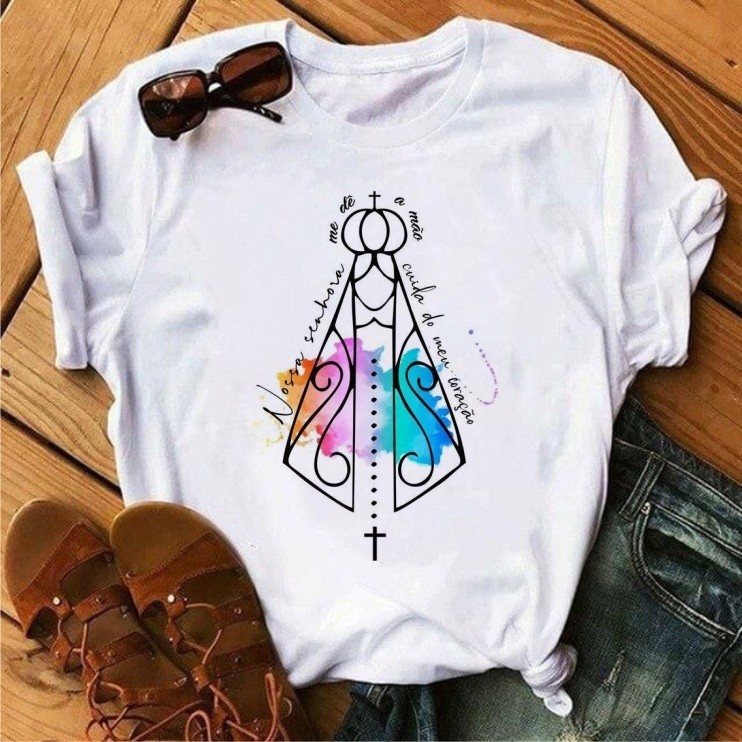 camisa Camiseta Feminina Cristã Nossa Senhora Aparecida algodao infantil adulto e plus em Oferta na Shopee
