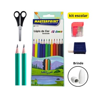 Kit Escolar Masterprint -  Lápis 12 Cores+2 Lápis Escrever+Tesoura+Apontador com Depósito…