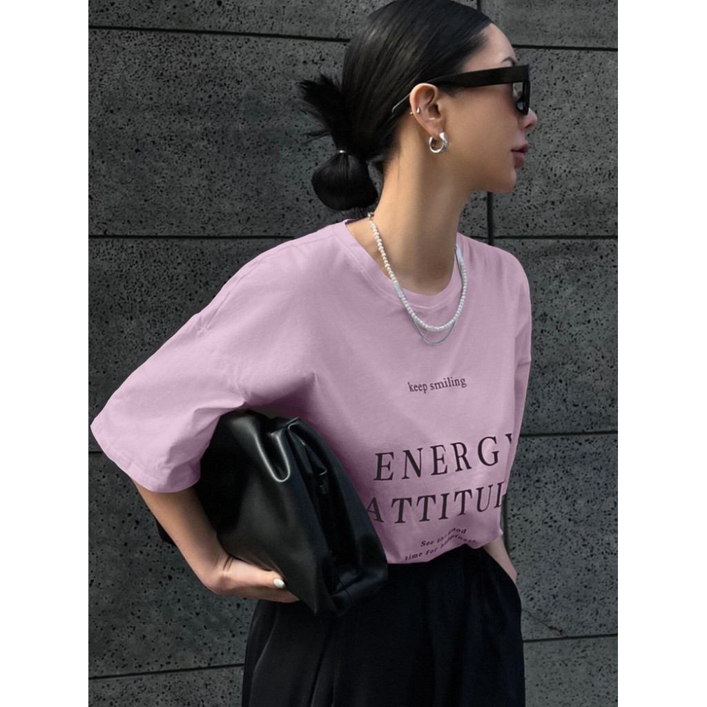 Camiseta Streetwear Aesthetic Camisa Oversized Feminina Estampa Energy Attitude Keep Smiling 