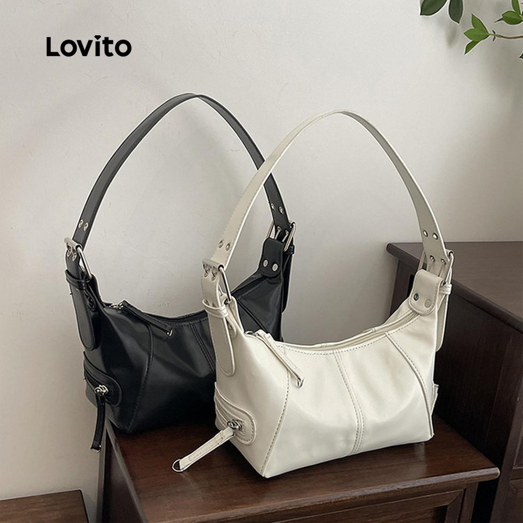 Lovito Preppy Plain Soft Couro Simples e Versátil Tendência Bolsa de Ombro de Grande Capacidade para Mulheres LFA71222 - Women Bags
