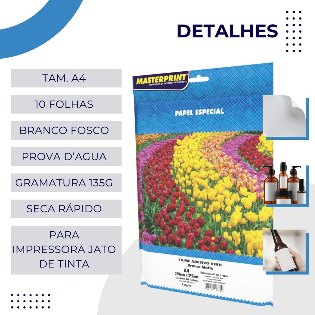 Filme Adesivo Vinil Branco Fosco Matte 135g A4 10 folhas Masterprint para Rótulos Personalizados