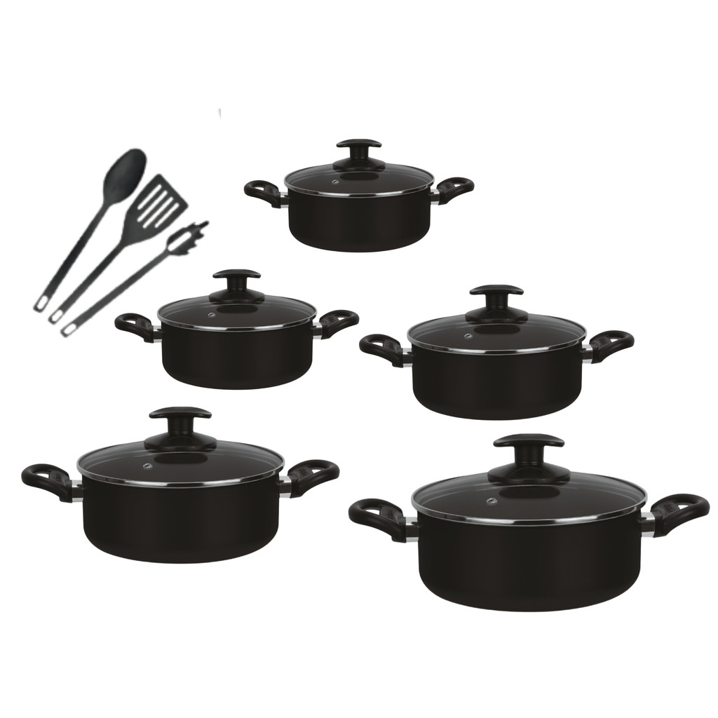 Conjunto De Panela 8 Pçs Teflon Antiaderente Tampas De Vidro 14 a 22 preto em Oferta na Shopee