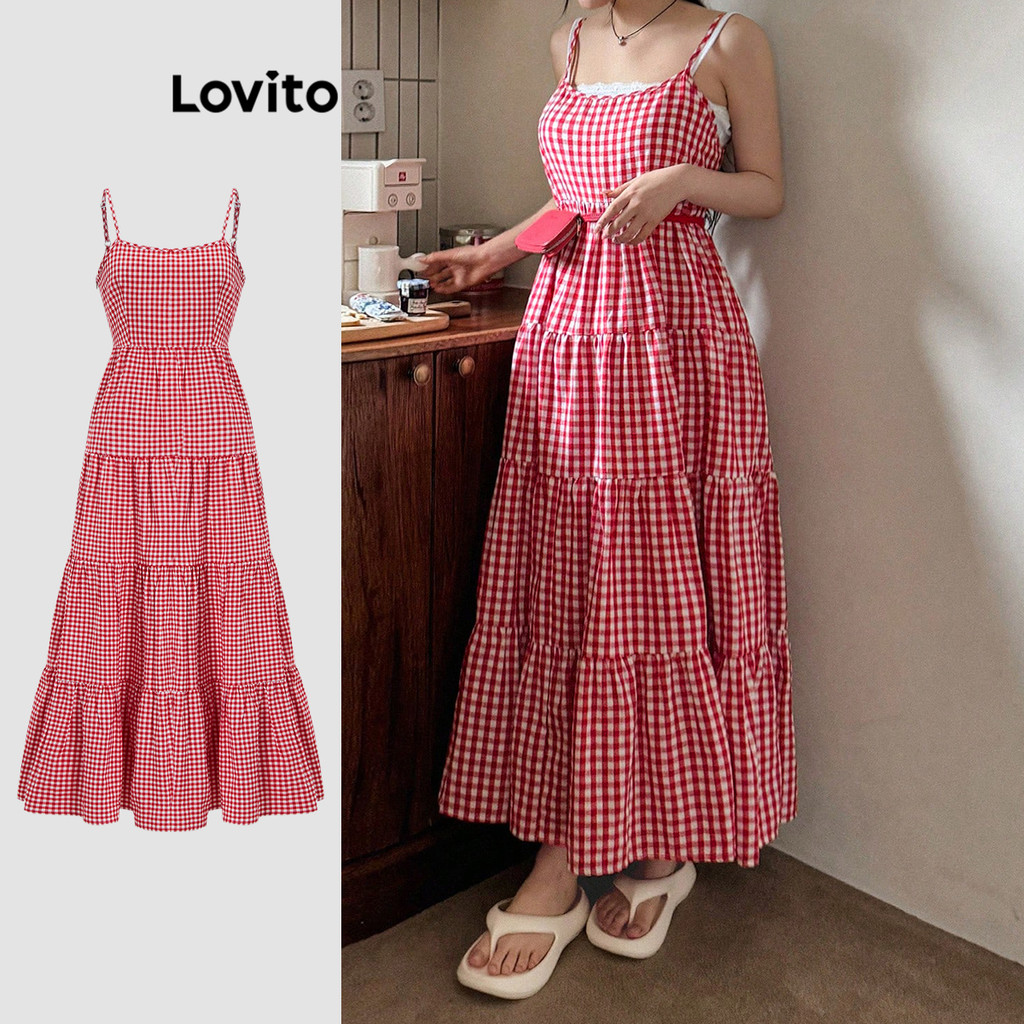 Lovito Lindo Vestido Xadrez Em Camadas Para Mulheres L122AD128 