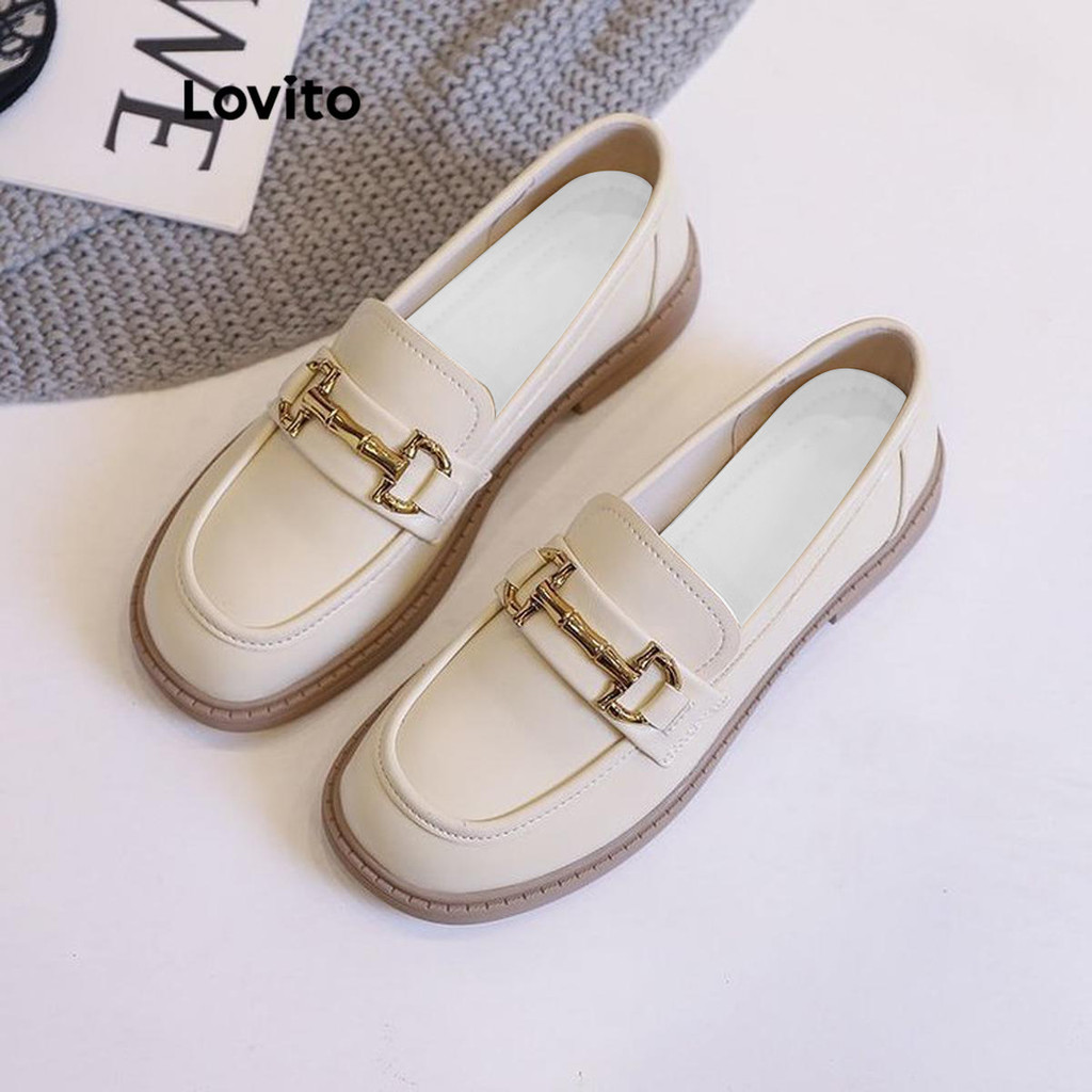Lovito Vintage simples estilo britânico couro macio sola grossa mocassins japoneses para mulheres LFA67304 - Women Shoes