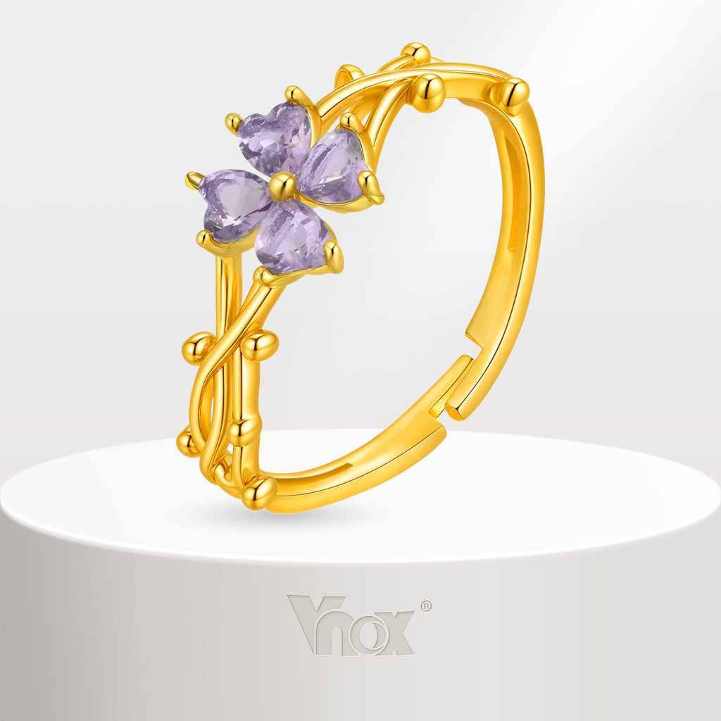 Anel Aberto De Zircônia Trevo Roxo De Quatro Folhas Vnox Para Mulheres , De Casamento Em Ouro 18k , Presente De Aniversá