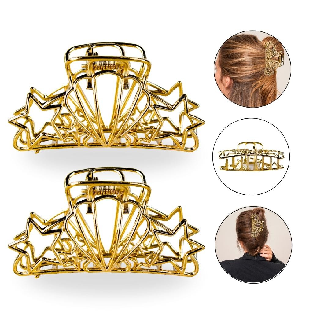 Kit 2 Presilhas Grande Prendedor Cabelo Concha Estrela Dourada Metal Presilha Penteado Look Acessório Coque