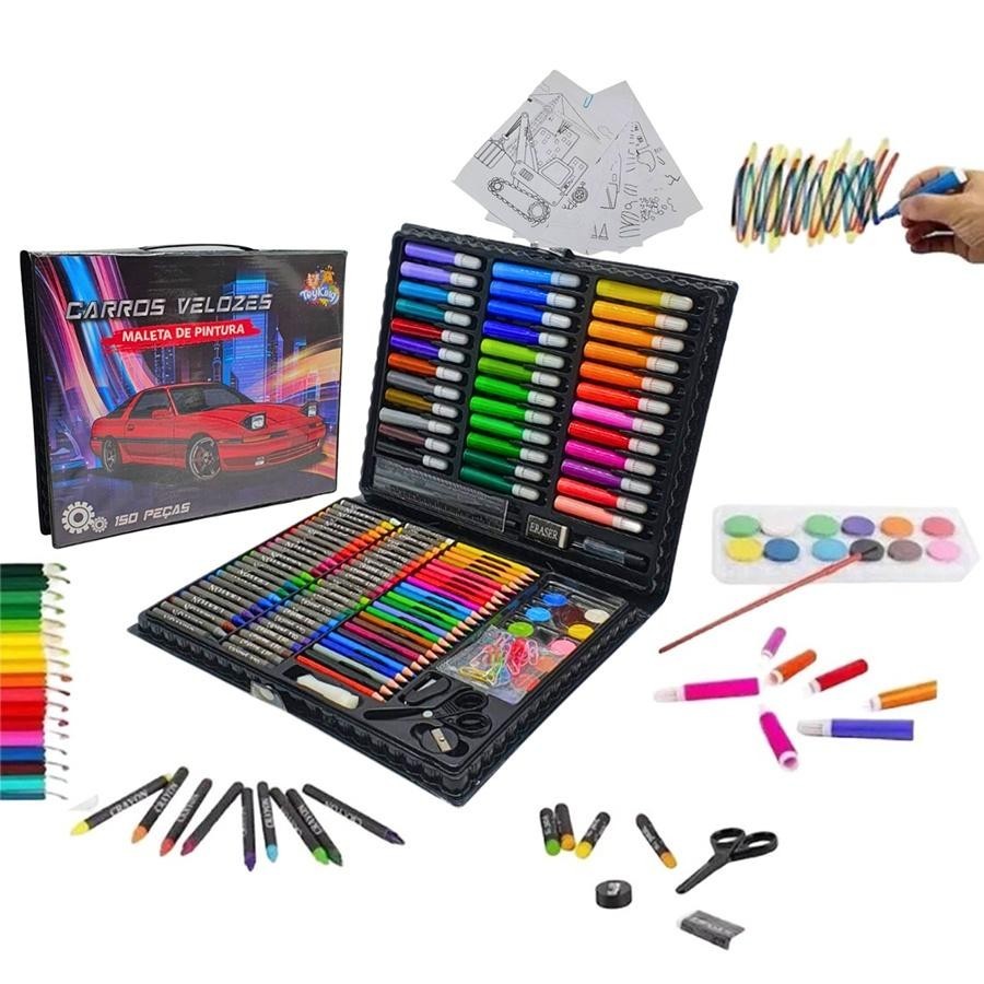 MALETA ESCOLAR CARROS VELOZES PINTURA COLORIDA INFANTIL GIZ CANETINHAS AQUARELA C/ 150 PCS