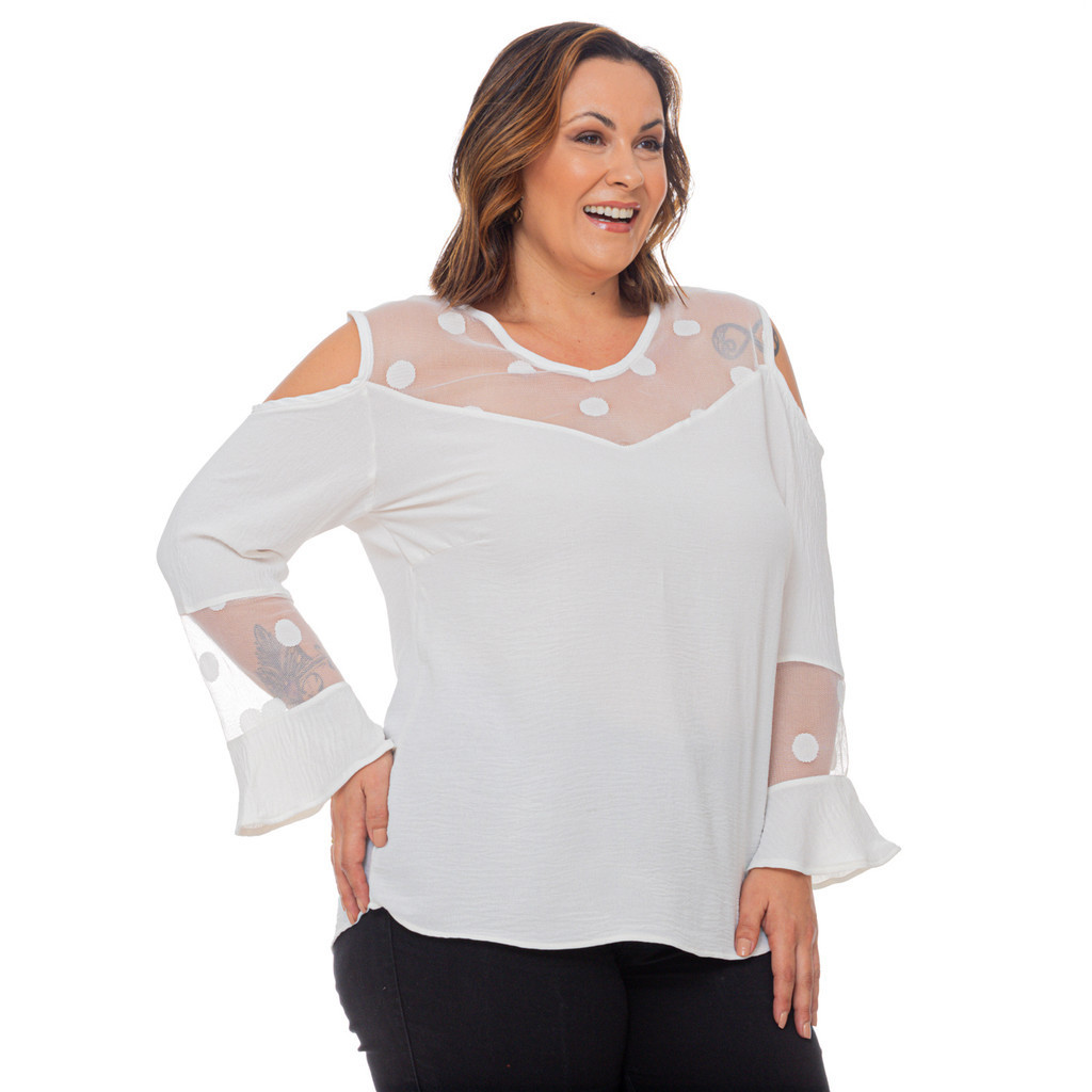 Blusa Plus Size Feminina Manga Longa Elegante Estilo Sofisticado Renda e Manga Flare