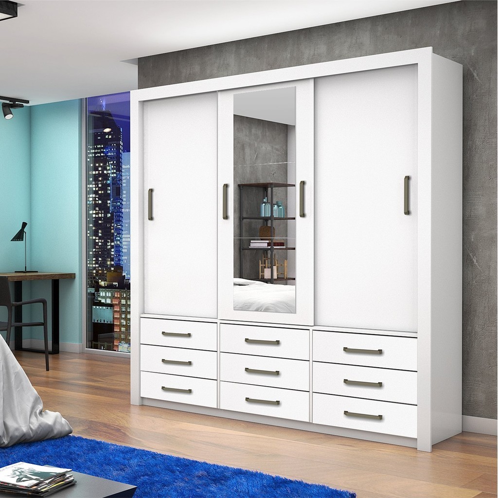 Guarda-Roupa Casal com Espelho 3 Portas de Correr Anjos Branco em Oferta na Shopee