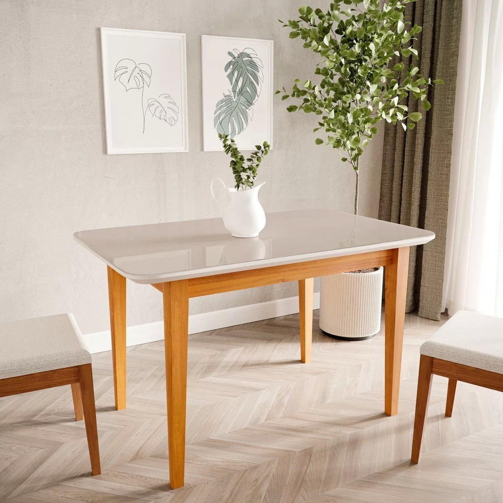Mesa de Jantar 4 Lugares 1,30m Tampo MDF e Vidro Pés Madeira Maciça Tangará CabeCasa MadeiraMadeira Caramelo/Off - Home & Living