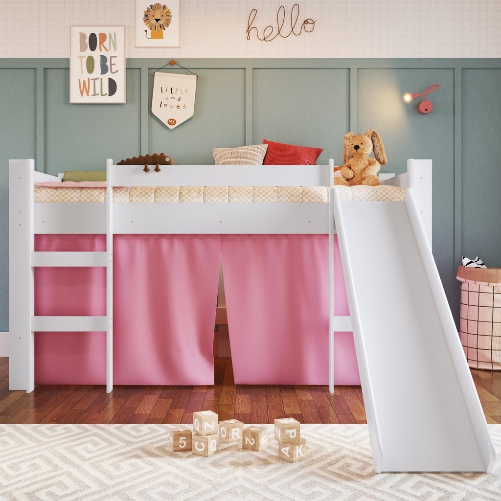 Cama Infantil Elevada com Escorregador e Cortina  Branco/Rosa em Oferta na Shopee
