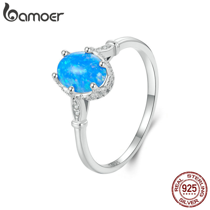 Bamoer 925 Sterling Sliver Ring Coroa Azul Opala Jóias De Moda Requintada Presentes Para Mulheres