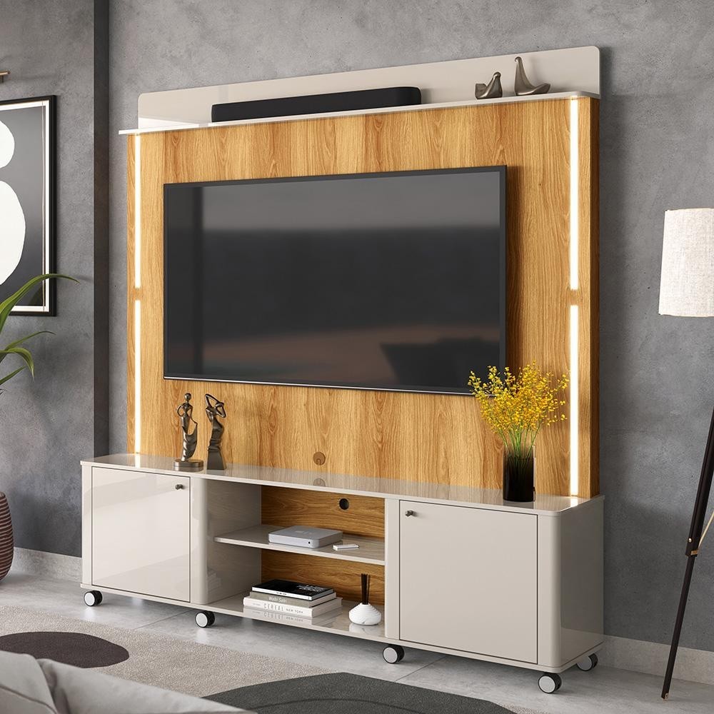 Home Estante Rack Bancada Para Tv Mdf Até 75 Led Ripado 3d 1,83m Off White Freijó