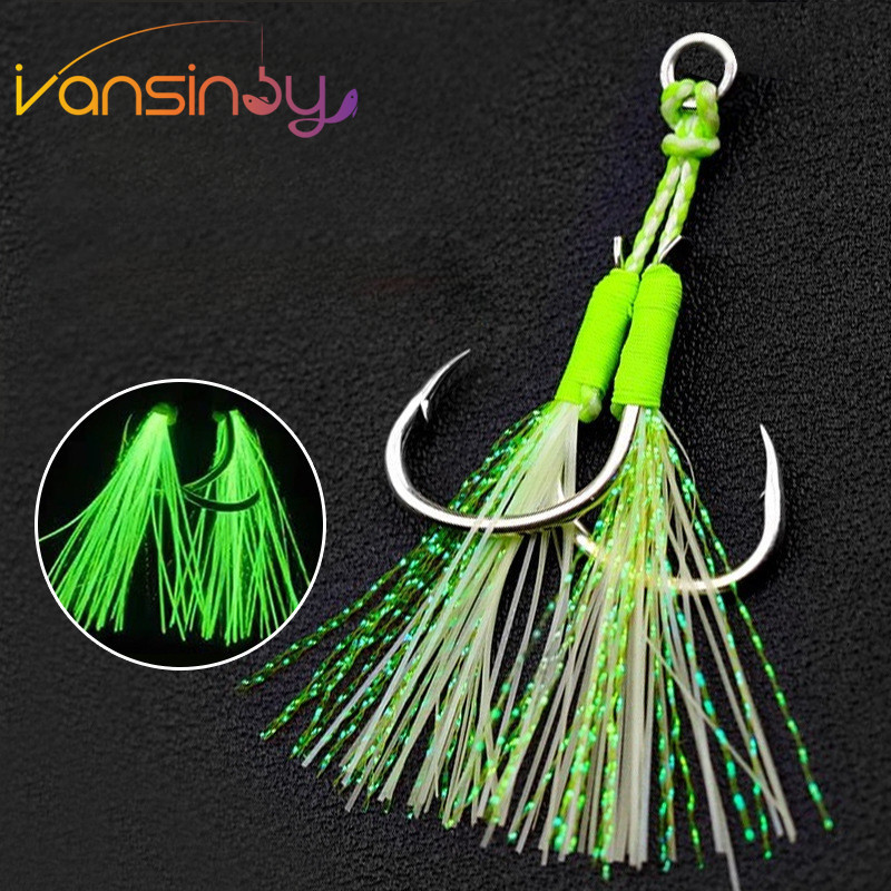 Novo 1 peça Gancho de Pesca Luminoso 1/0-4/0 Gancho de Assistência Isca Jig UV Gancho Duplo Par de Jigging Gancho de