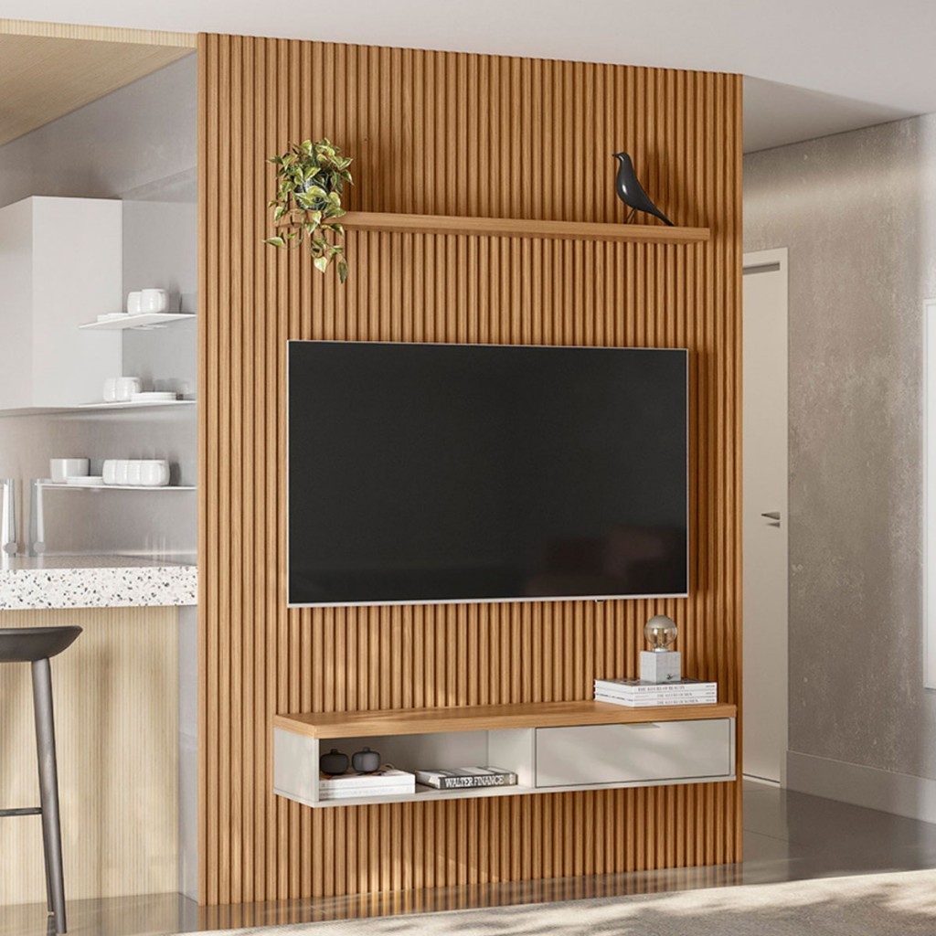 Painel para TV Até 75 Polegadas 1 Porta 180 Cm Nature Ripado/Off White - Linea Brasil em Oferta na Shopee