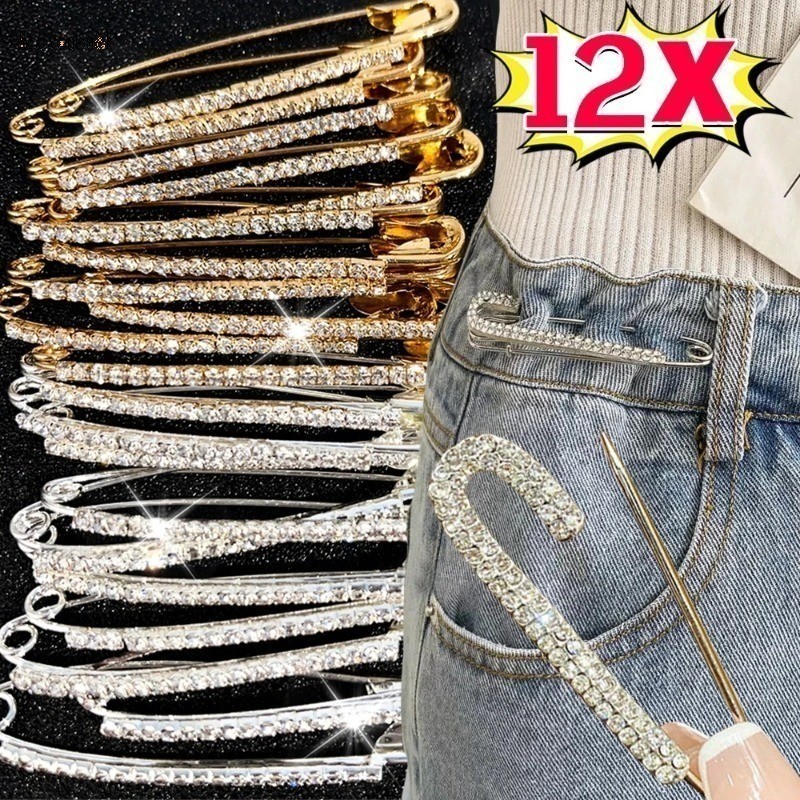12Pcs/lot Rhinestone Lapel Pin-Fivela De Cristal Brilhante-Clipes De Lenço De Jeans-Broche De Roupa Fixa-Simples , Requintado , Anti-Corrida-Acessórios De Joalheria