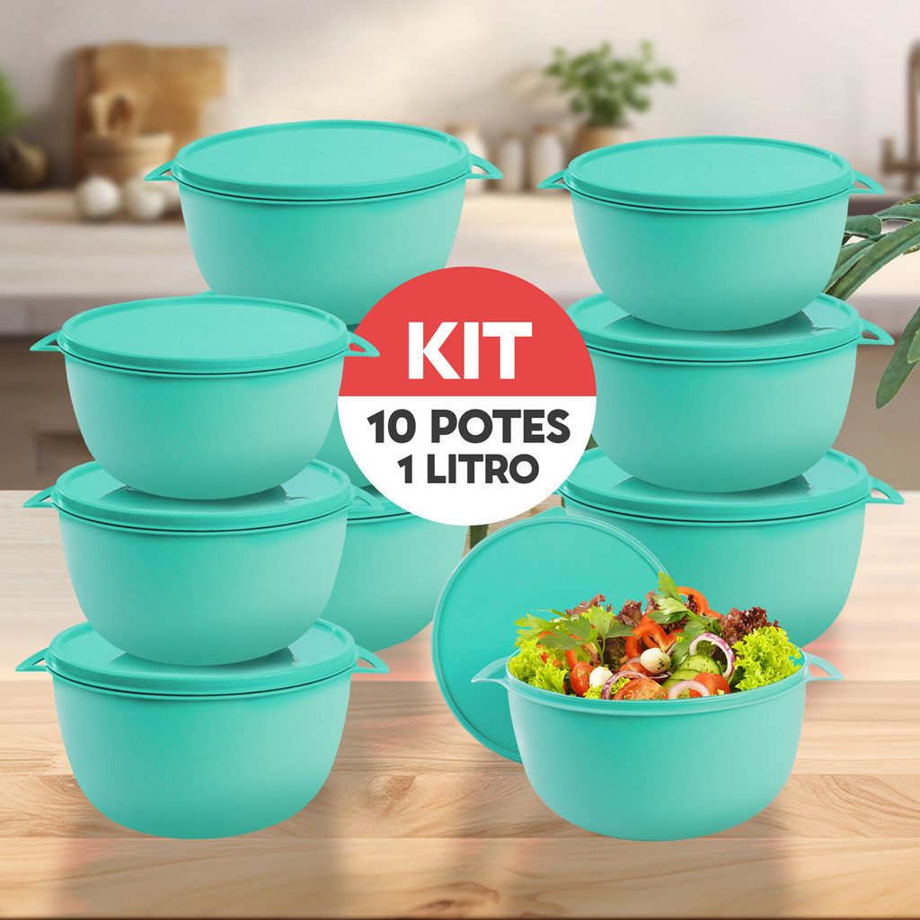 Kit 10 Potes 1 Litro com tampa (Bowl Boll Marmita) para Micro-ondas Lava-louças Freezer Geladeira