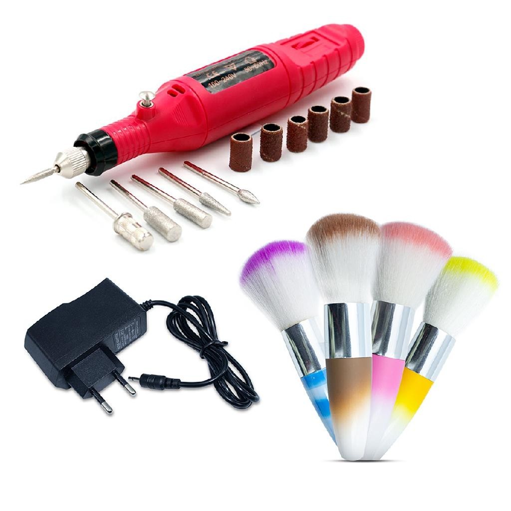 Kit Lixadeira Motor Elétrica + Pincel Espanador Pó Unhas Gel Manicure Unha de Gel Fibra Vidro Unhas
