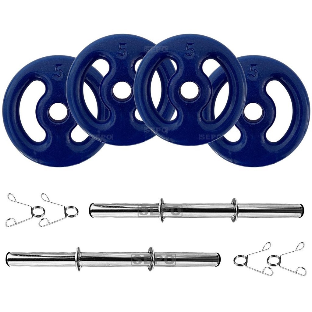 Kit 20Kg Anilhas Emborrachadas com 2 Barras Ocas Fitness 40cm