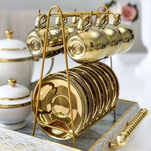 Conjunto 6 Xícaras de Porcelana c/ Pires p/ Café 90ml e Suporte Versa Branco e Dourado-Alto Padrão Lhemirtage