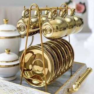 Conjunto 6 Xícaras de Porcelana c/ Pires p/ Café 90ml e Suporte Versa Branco e Dourado-Alto Padrão Lhemirtage