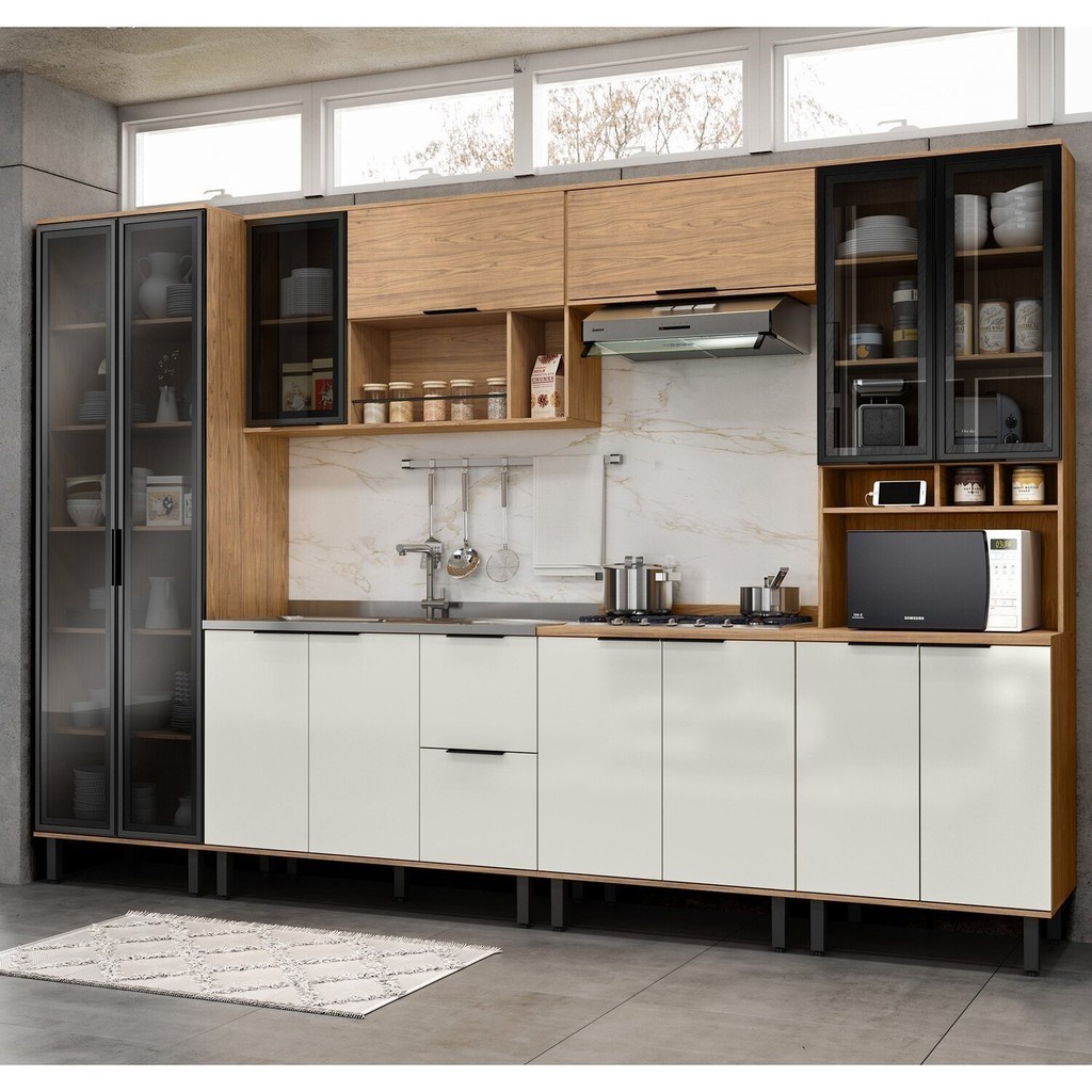 Cozinha Modulada Toscana 6 Peças Mdf com Paneleiro 1 Forno e Cristaleira Freijó/Off White - Home & Living