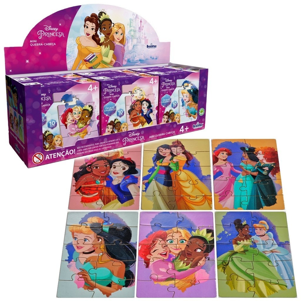 Kit 6 Mini Quebra Cabeça Princesas Disney Rapunzel Bela Mdf
