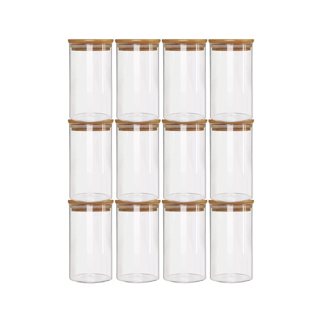 Kit 12 Pote Porta Temperos Mantimentos Design Sofisticado Versátil Tampa De Bambu Hermético  650ml