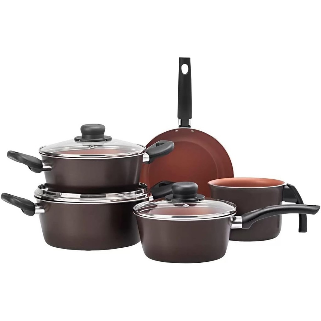 Conjunto Jogo Kit de Panela 5 Peças Terracota Antiaderente Teflon Tampa Panela Caçarola Multiflon