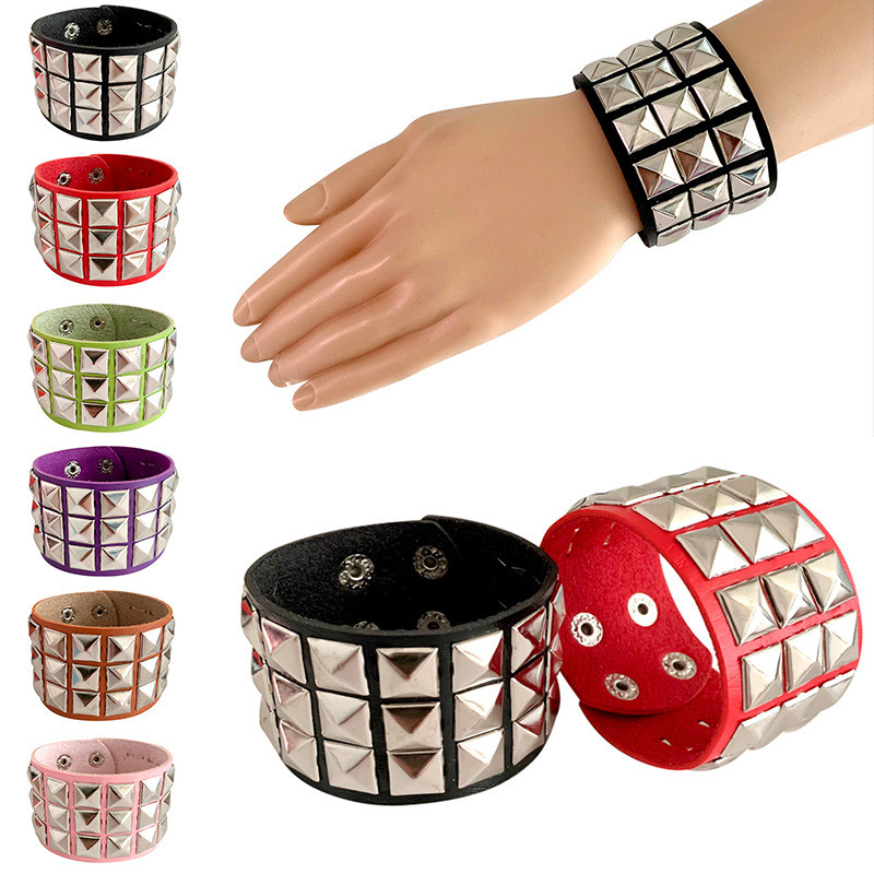 Personalidade Punk Moda Couro Do Plutônio 3 Linhas Rebites Quadrados Pulseira Para Homens Mulheres Hip-hop Pulseiras Fes