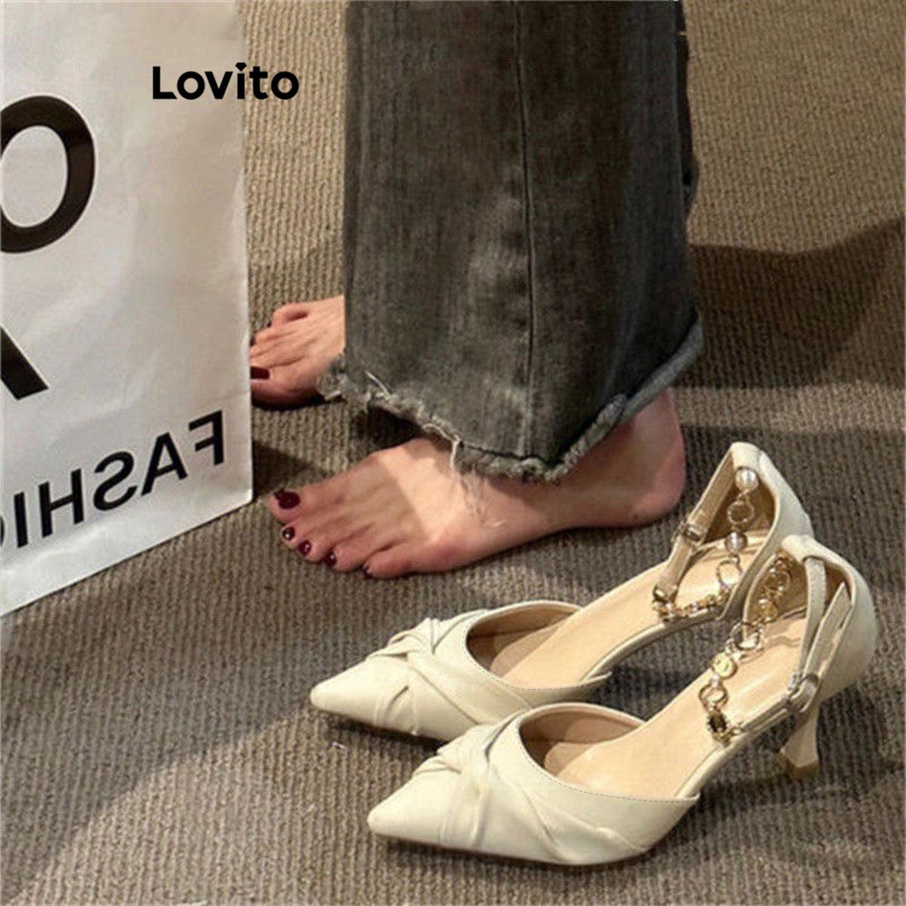 (Trendy) Lovito Salto alto elegante com pérolas lisas para mulheres LFA47122 em Oferta na Shopee