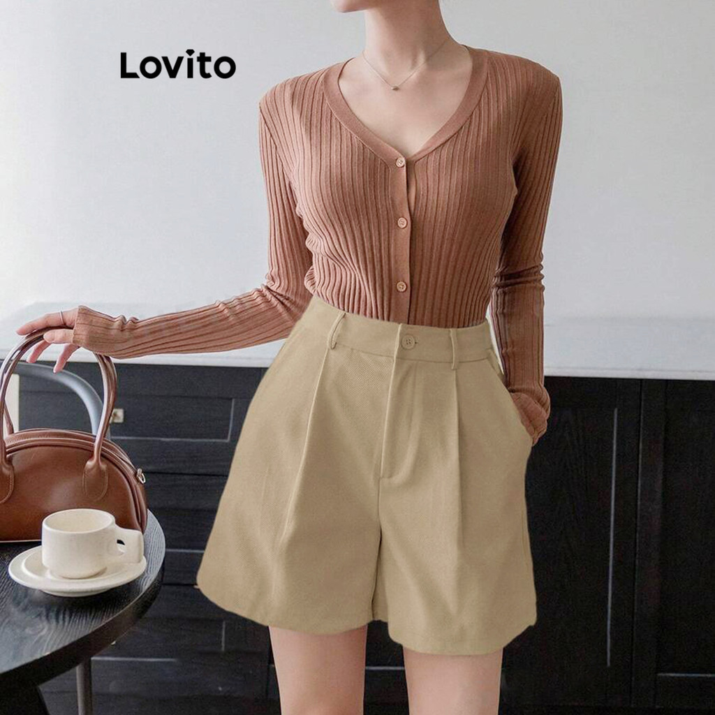(Trendy) Lovito Shorts Elegantes De Verão Plissados Para Mulheres L104ED120 em Oferta na Shopee