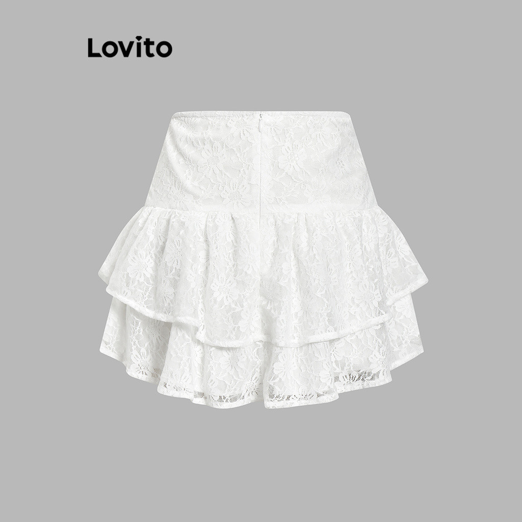 (Trendy) Lovito Saias Fofas Saia Drapeada Com Babados Lisos Para Mulheres L101AD029 em Oferta na Shopee