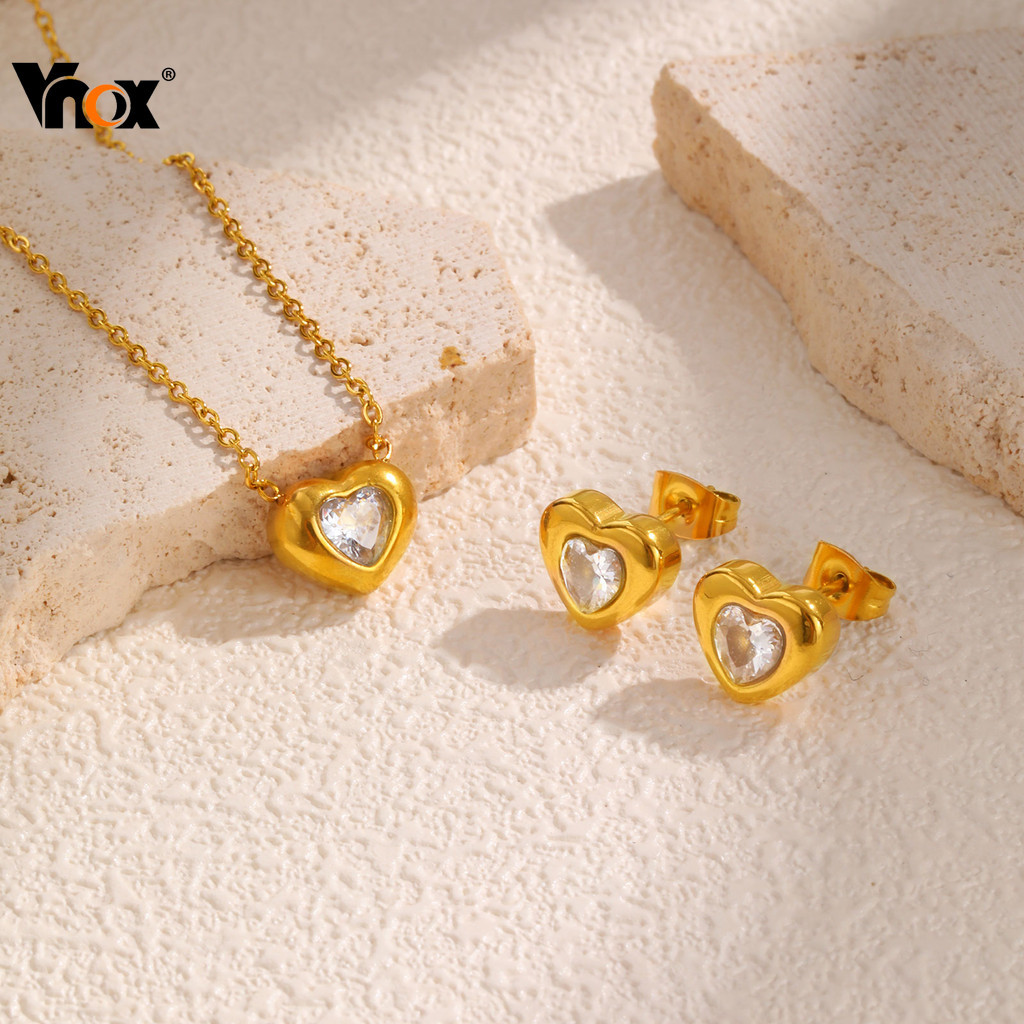Conjunto De Colar De Brinco Cúbico De Zircônia Em Forma De Coração Vnox Para Mulheres , Joias Hipoalergênicas De Aço Ino