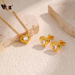 Conjunto De Colar De Brinco Cúbico De Zircônia Em Forma De Coração Vnox Para Mulheres , Joias Hipoalergênicas De Aço Ino