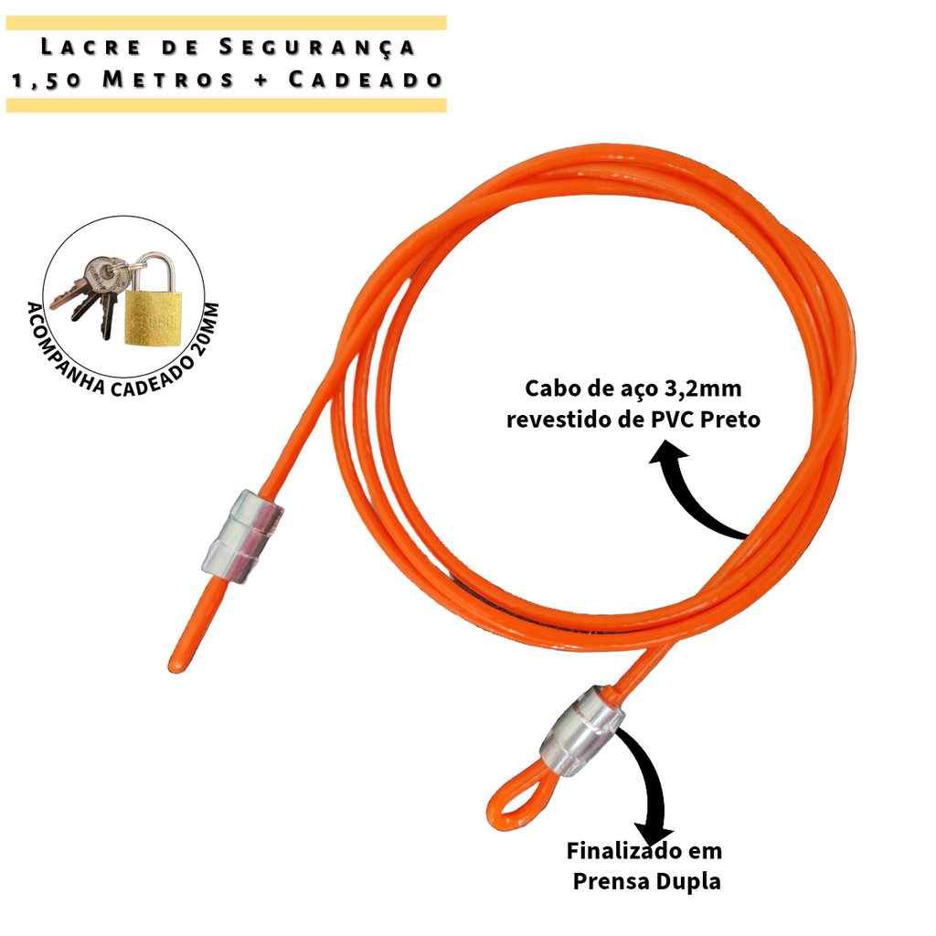 1  Lacre de Segurança Multiuso 1,50 Metros + 1 Cadeado 20mm - Trava Porta Bolsa Bike Gopro