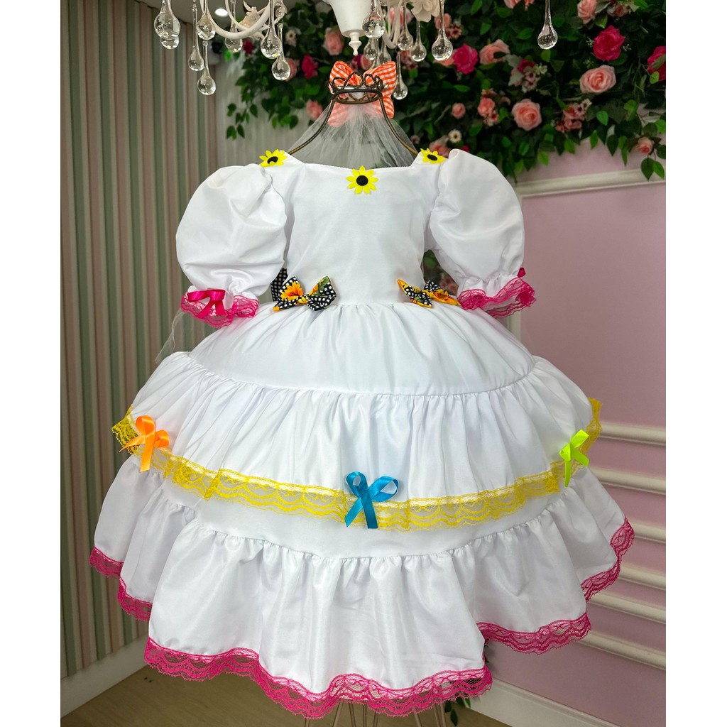 Vestido Junino Banana Club Luxo Noiva Noivinha Branco Colorido Quadrilha São João Dança Moderno Infantil Juvenil Festa