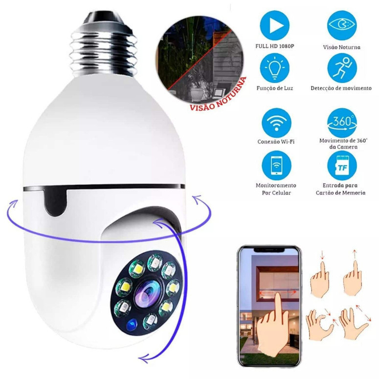 Câmera 8177 segurança wifi ip sem fio 360 com encaixe lampada bocal aplicativo yoosee ptz full HD visão noturna bivolt