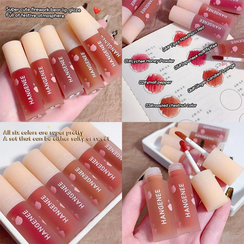6 Pcs Conjunto De Batom Líquido , Acabamento Orvalhado Espelho Lustroso , Esmalte Labial Hidratante De Longa Duração , Urso Fofo Impresso — imagem 1