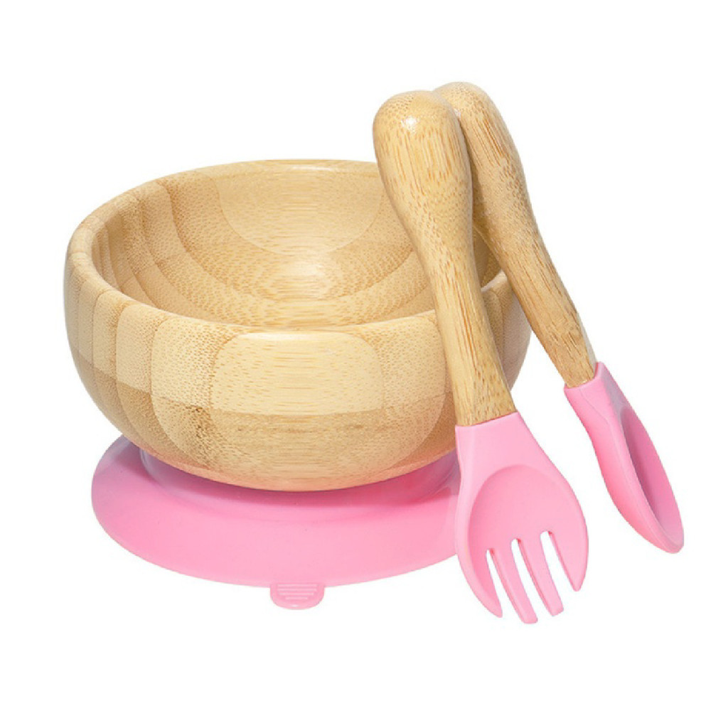 Kit Infantil com 3 Utencilios Tigela C/ Ventosa Talher Em Bambu e Silicone BPA Free  Rosa Mimo Style